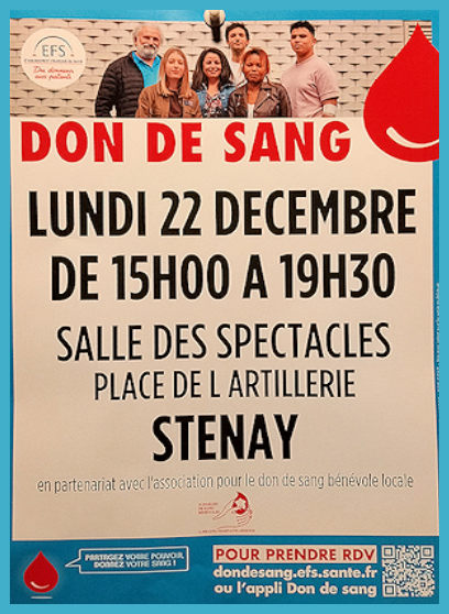 Don de sang le lundi 20 décembre de 15 h à 19 h 30